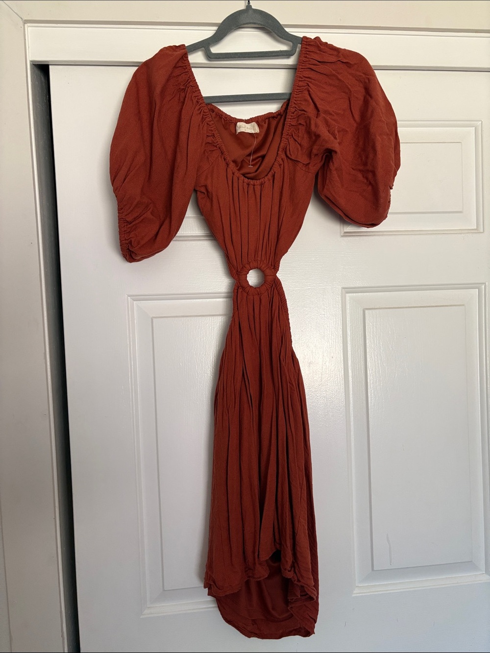 Altar'd State Rust Orange Mini Dress with Puff Sleeves and Ring